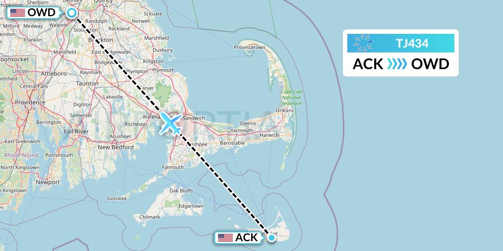 TJ434 Tradewind Aviation Flight Map: Nantucket to Norwood