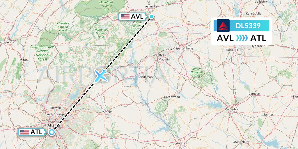 DL5339 Delta Air Lines Flight Map: Asheville to Atlanta