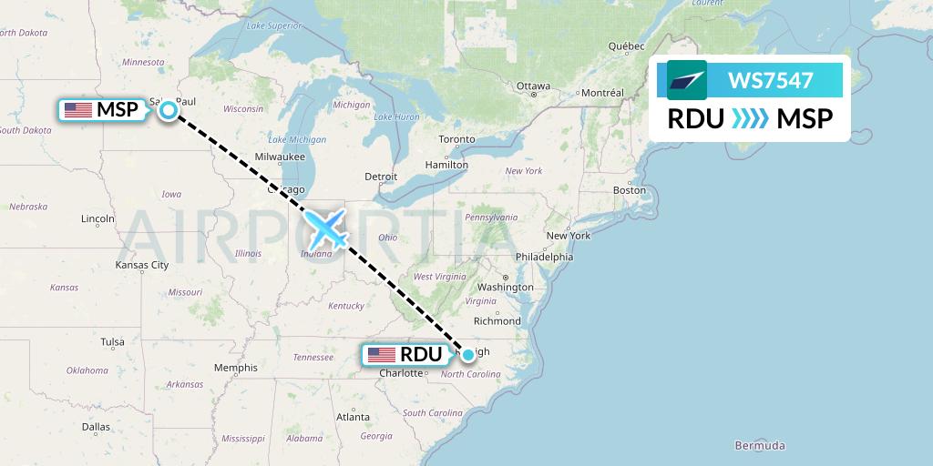 WS7547 WestJet Flight Map: Raleigh-Durham to Minneapolis