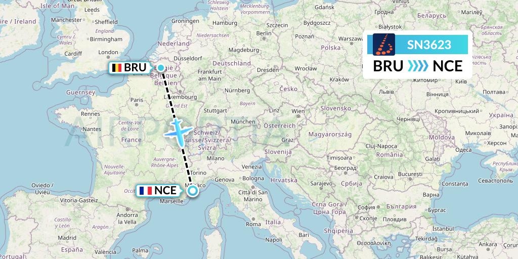 SN3623 Brussels Airlines Flight Map: Brussels to Nice