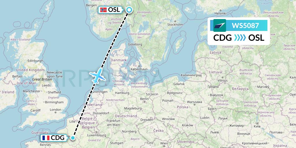 WS5087 WestJet Flight Map: Paris to Oslo