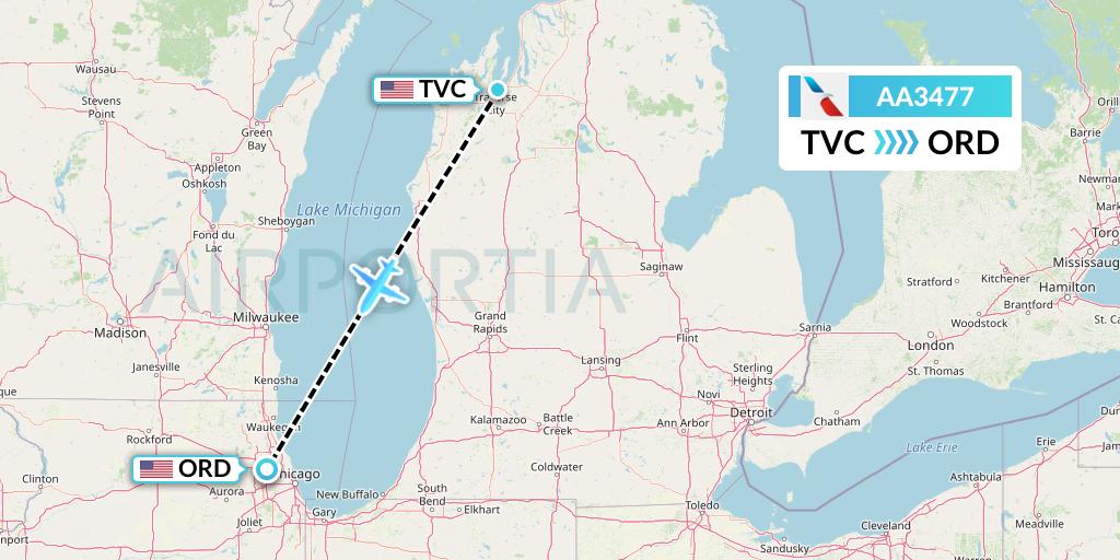 AA3477 American Airlines Flight Map: Traverse City to Chicago