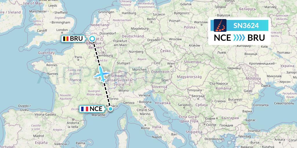 SN3624 Brussels Airlines Flight Map: Nice to Brussels