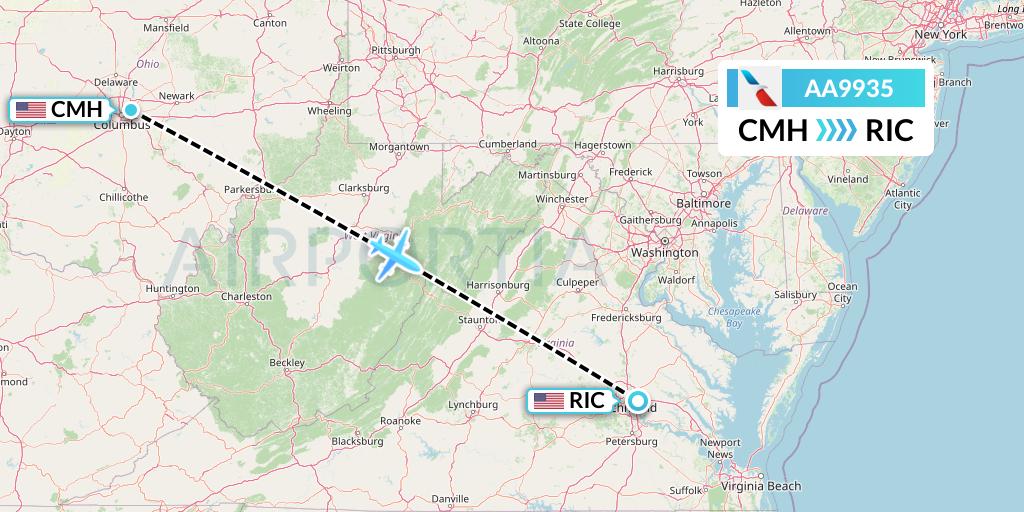 AA9935 American Airlines Flight Map: Columbus to Richmond