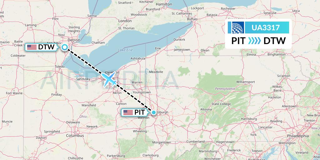 UA3317 United Airlines Flight Map: Pittsburgh to Detroit