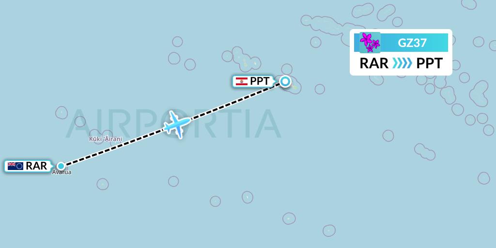 GZ37 Air Rarotonga Flight Map: Avarua to Papeete