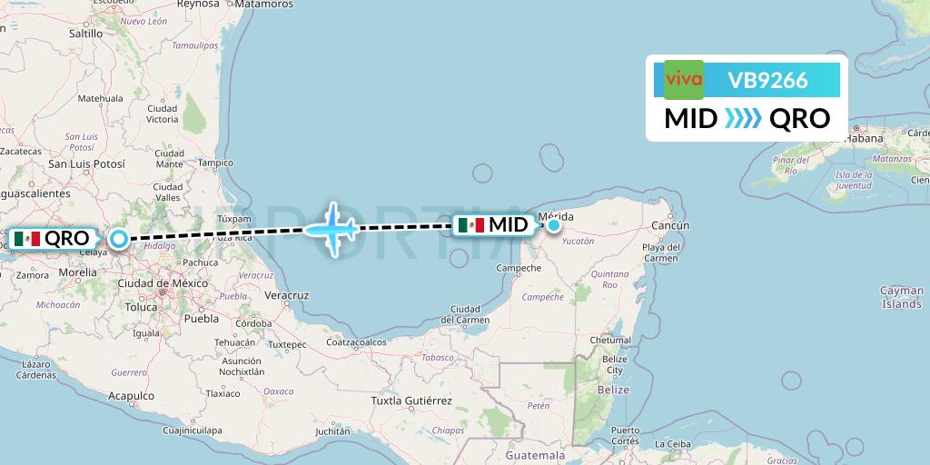 VB9266 VivaAerobus Flight Map: Merida to Queretaro
