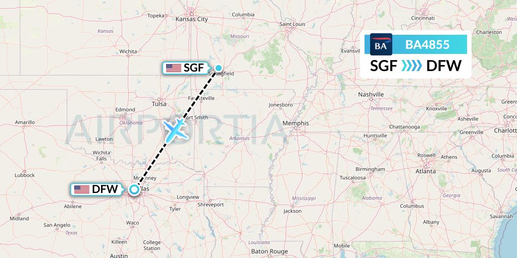 BA4855 British Airways Flight Map: Springfield to Dallas