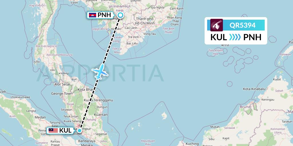 QR5394 Qatar Airways Flight Map: Kuala Lumpur to Phnom Penh