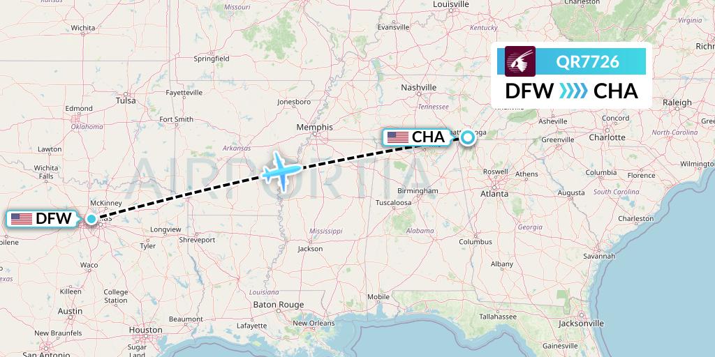QR7726 Qatar Airways Flight Map: Dallas to Chattanooga