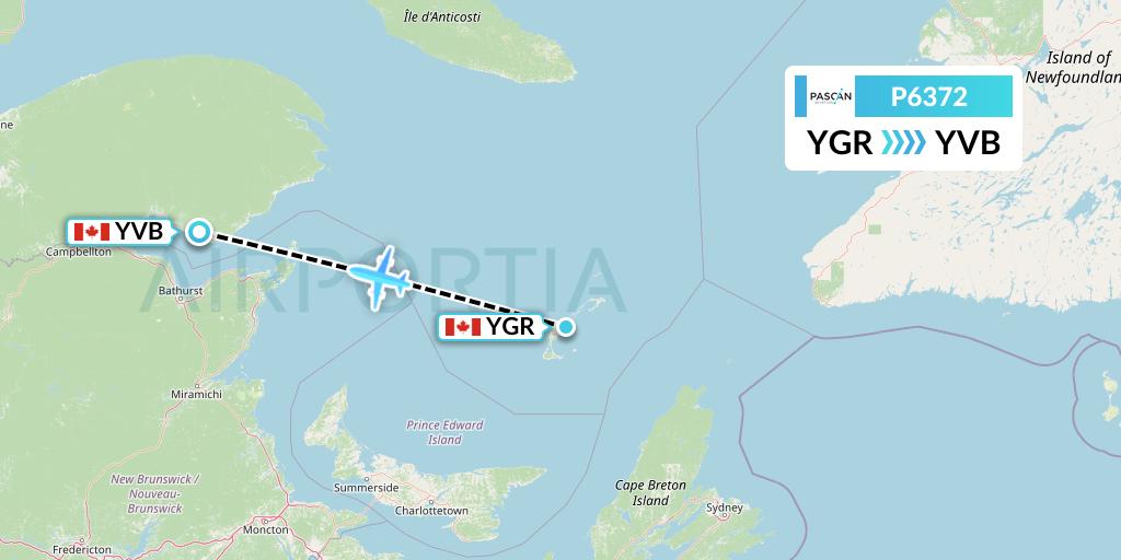 P6372 Pascan Aviation Flight Map: Iles-de-la-Madeleine to Bonaventure