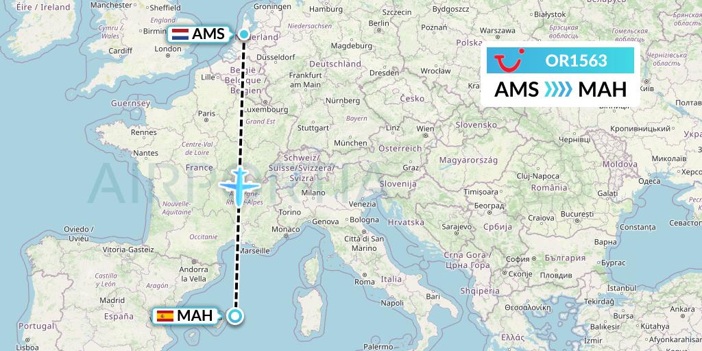 OR1563 TUI fly Netherlands Flight Map: Amsterdam to Mahon