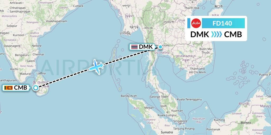 FD140 Thai AirAsia Flight Map: Bangkok to Colombo