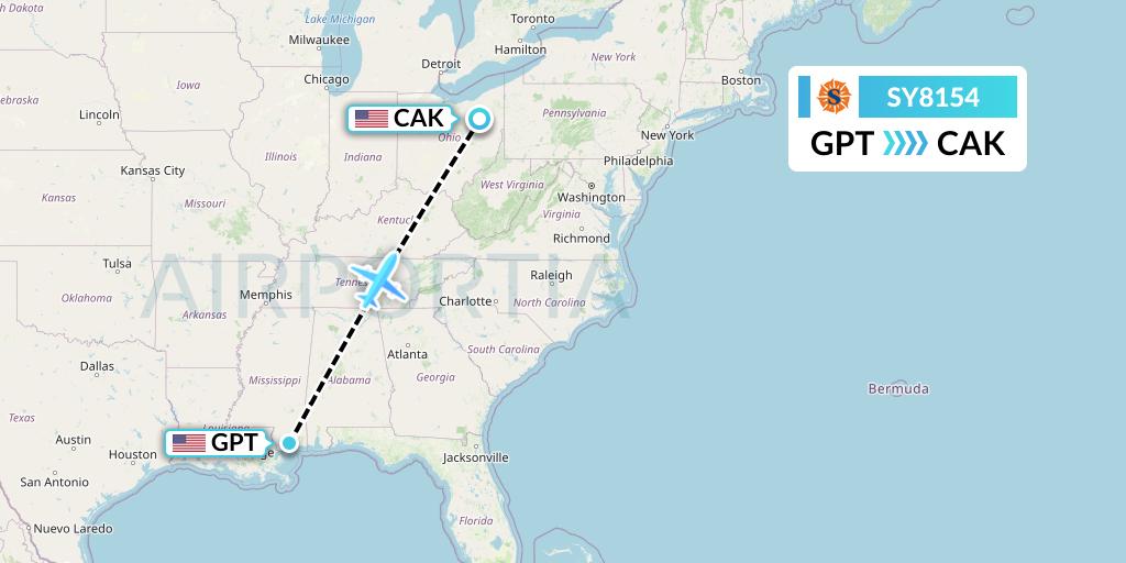 SY8154 Sun Country Airlines Flight Map: Gulfport to Akron