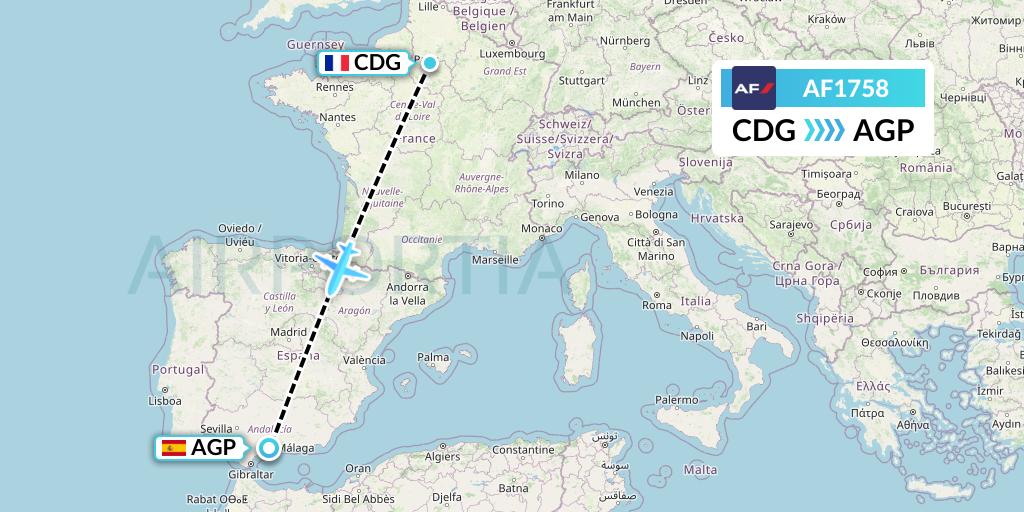 AF1758 Air France Flight Map: Paris to Malaga