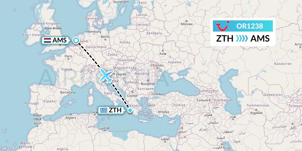 OR1238 TUI fly Netherlands Flight Map: Zakynthos to Amsterdam