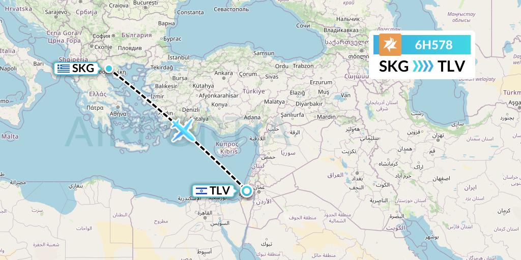 6H578 Israir Airlines Flight Map: Thessaloniki to Tel Aviv