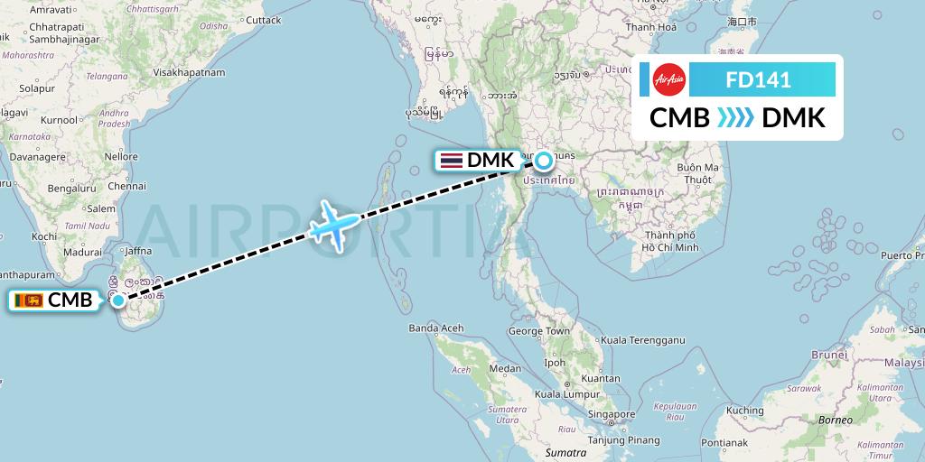 FD141 Thai AirAsia Flight Map: Colombo to Bangkok