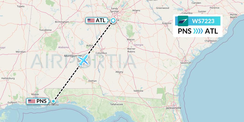 WS7223 WestJet Flight Map: Pensacola to Atlanta
