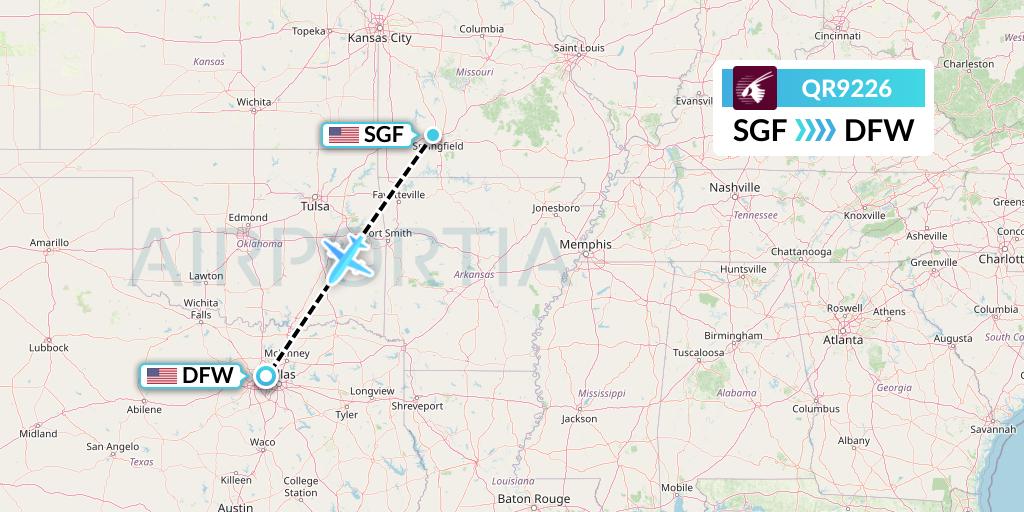 QR9226 Qatar Airways Flight Map: Springfield to Dallas