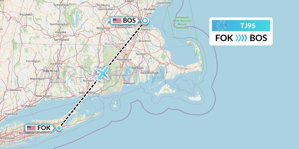 TJ95 Tradewind Aviation Flight Map: Westhampton Beach to Boston