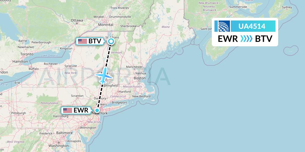 UA4514 United Airlines Flight Map: New York to Burlington