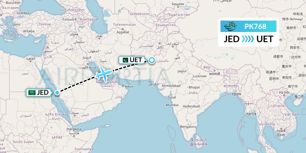 PK768 Pakistan International Airlines Flight Map: Jeddah to Quetta