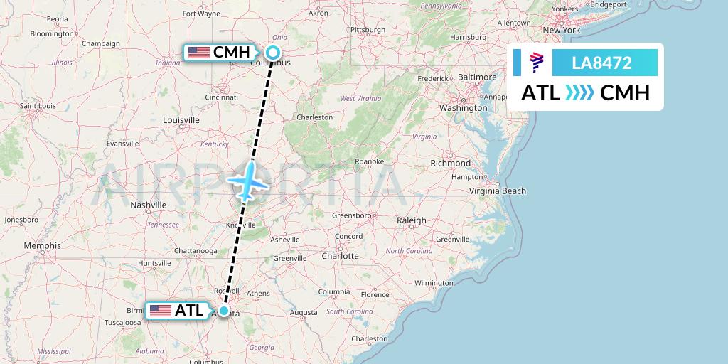 LA8472 LAN Airlines Flight Map: Atlanta to Columbus