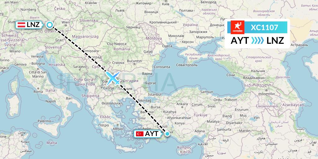 XC1107 Corendon Airlines Flight Map: Antalya to Linz