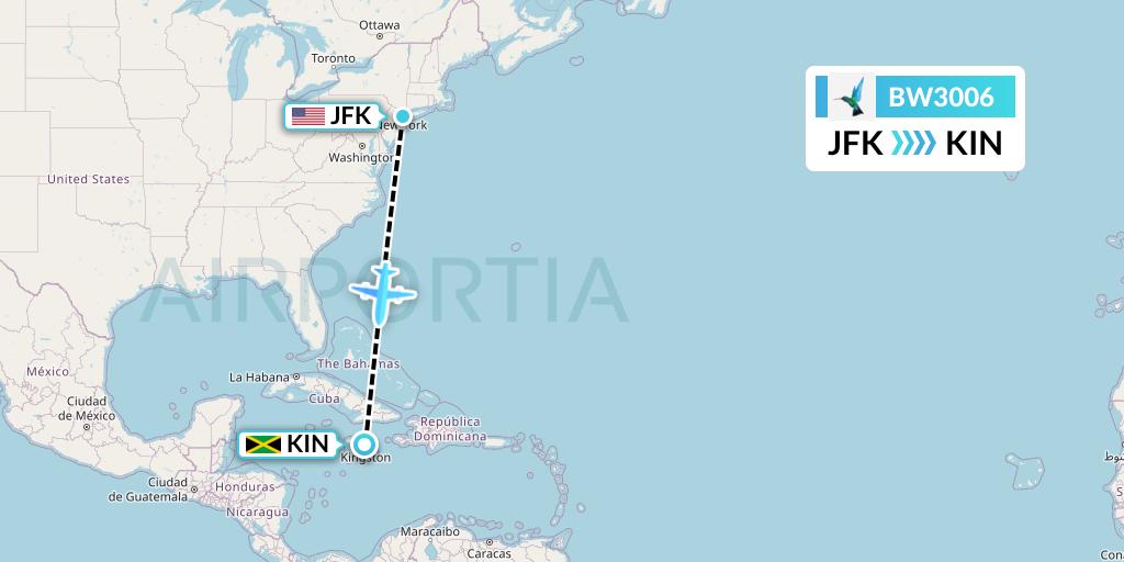 BW3006 Caribbean Airlines Flight Map: New York to Kingston