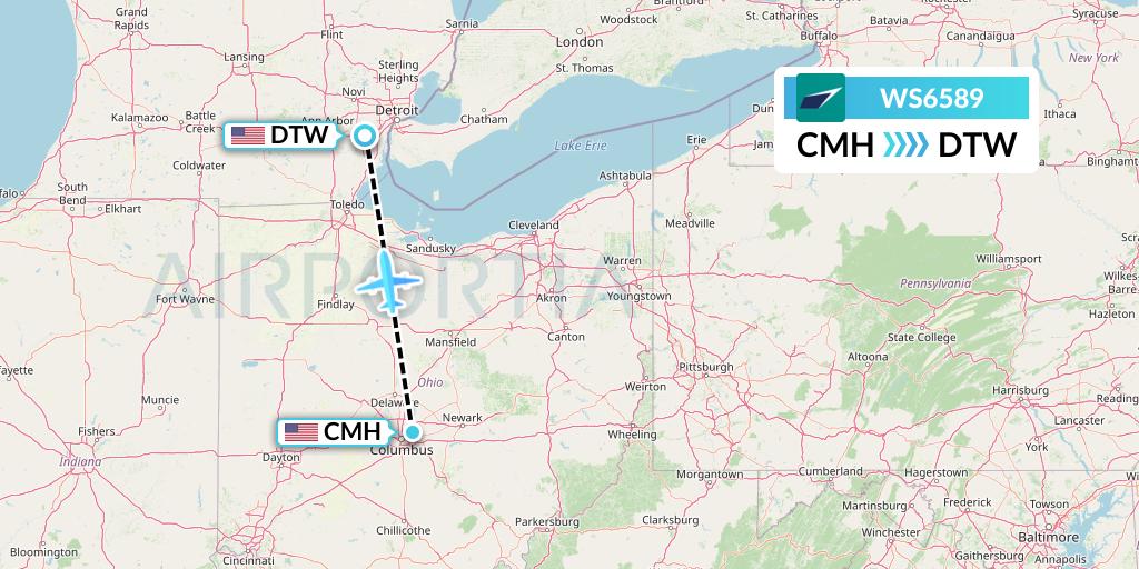 WS6589 WestJet Flight Map: Columbus to Detroit