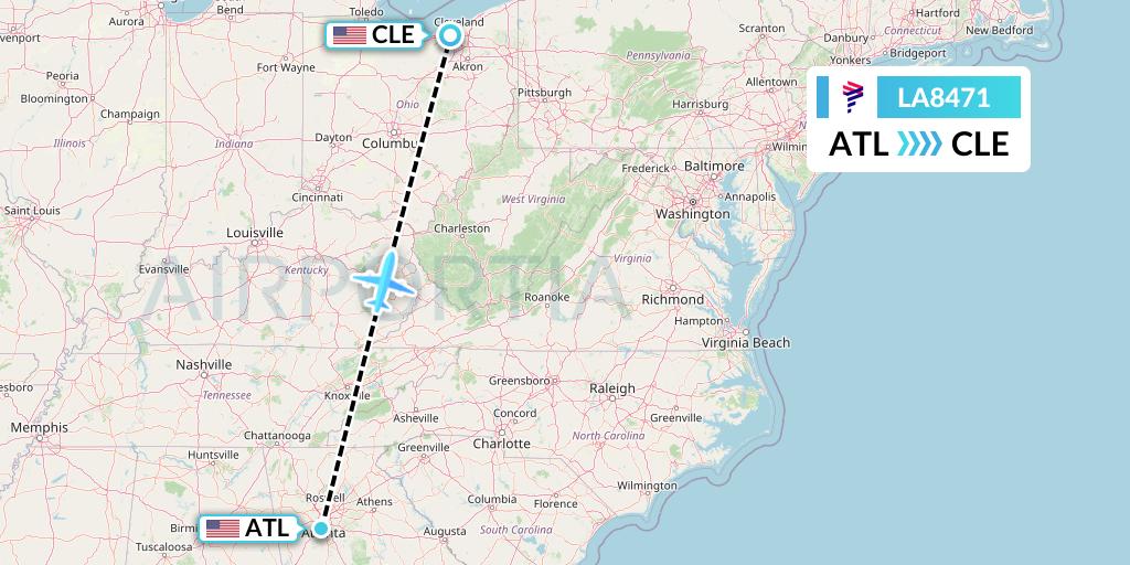 LA8471 LAN Airlines Flight Map: Atlanta to Cleveland