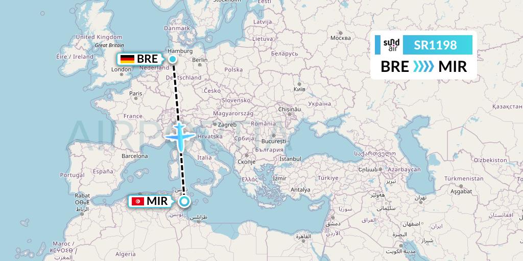 SR1198 SundAir Flight Map: Bremen to Monastir