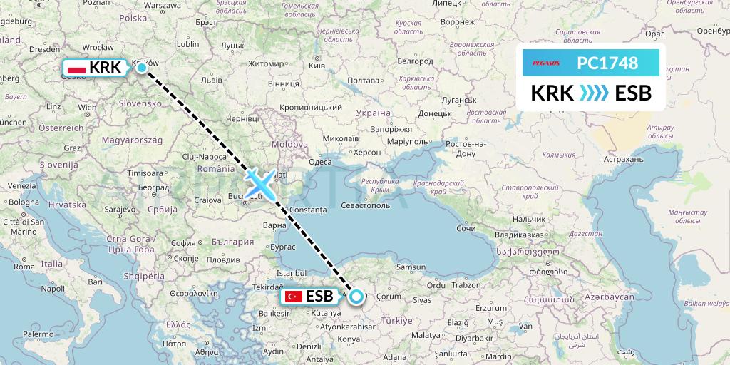 PC1748 Pegasus Airlines Flight Map: Krakow to Ankara