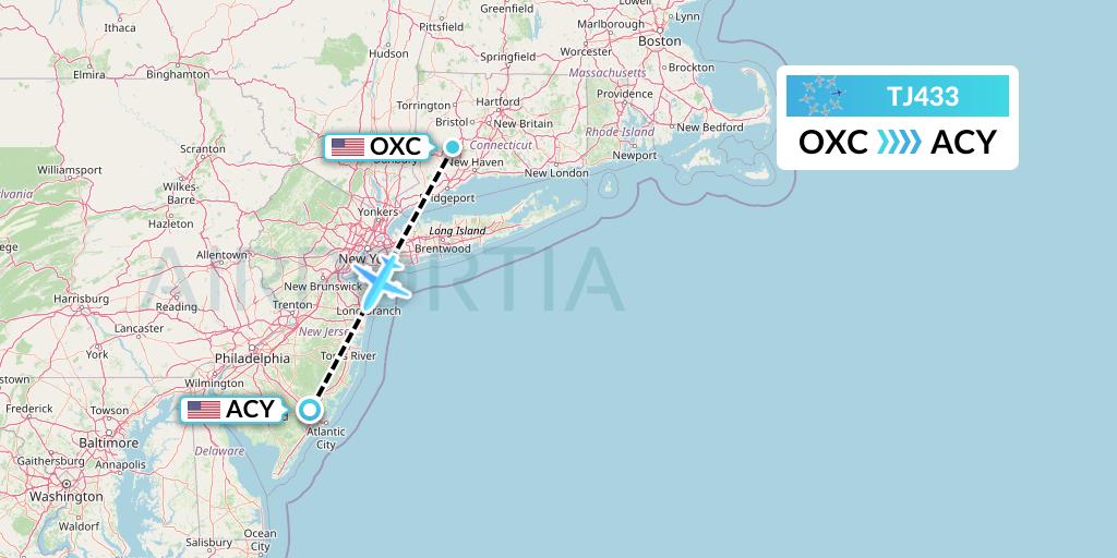 TJ433 Tradewind Aviation Flight Map: Oxford to Atlantic City