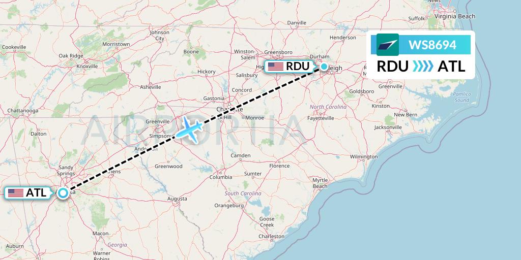 WS8694 WestJet Flight Map: Raleigh-Durham to Atlanta