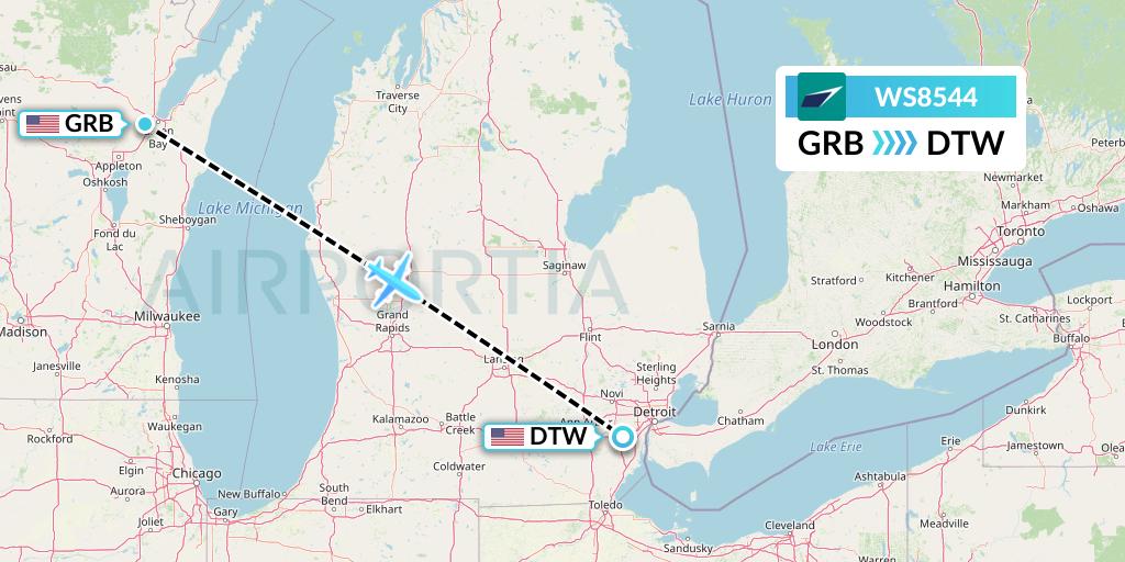 WS8544 WestJet Flight Map: Green Bay to Detroit