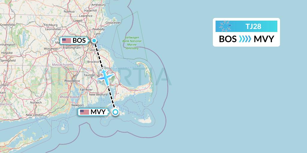 TJ28 Tradewind Aviation Flight Map: Boston to Martha's Vineyard
