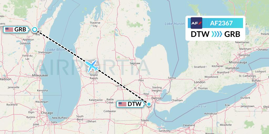 AF2367 Air France Flight Map: Detroit to Green Bay
