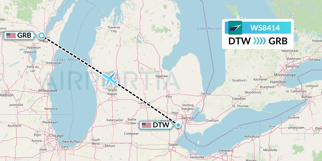 WS8414 WestJet Flight Map: Detroit to Green Bay