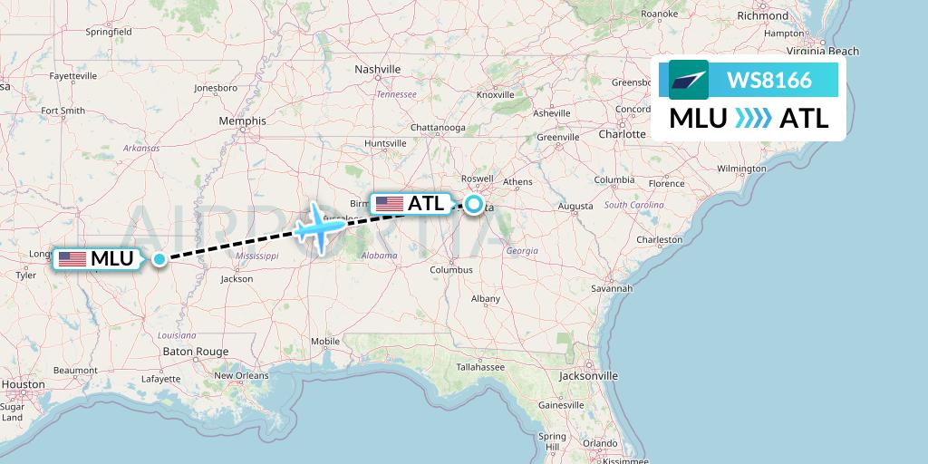 WS8166 WestJet Flight Map: Monroe to Atlanta