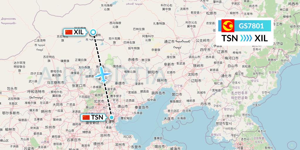 GS7801 Tianjin Airlines Flight Map: Tianjin to Xilinhot