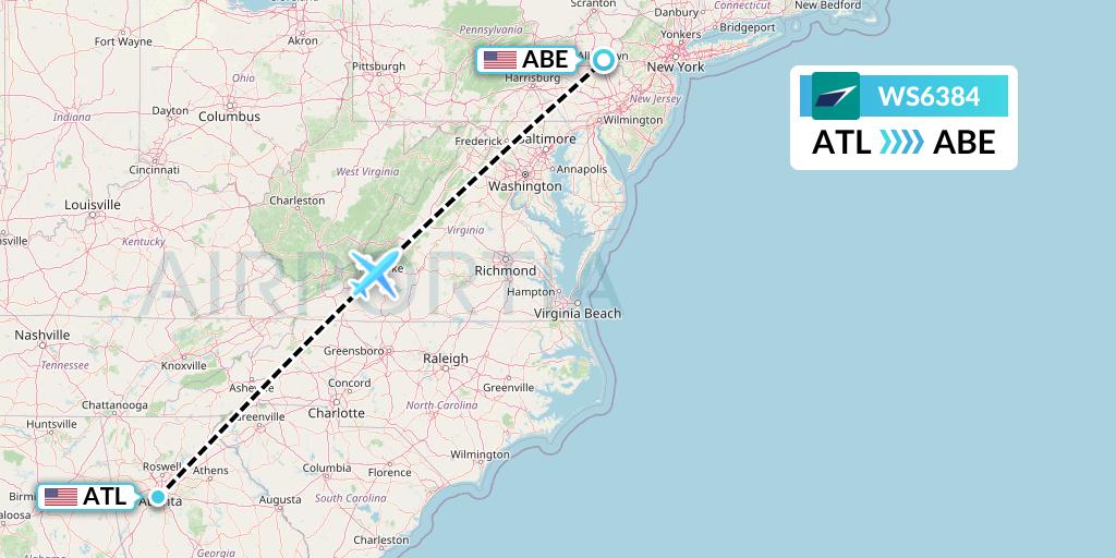 WS6384 WestJet Flight Map: Atlanta to Allentown