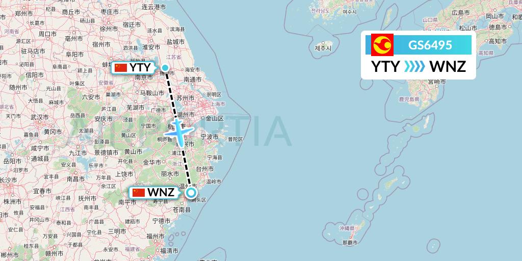GS6495 Tianjin Airlines Flight Map: Yangzhou to Wenzhou
