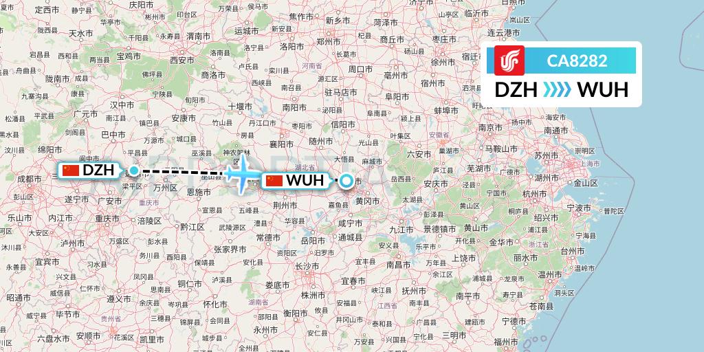 CA8282 Air China Flight Map: Dazhou to Wuhan