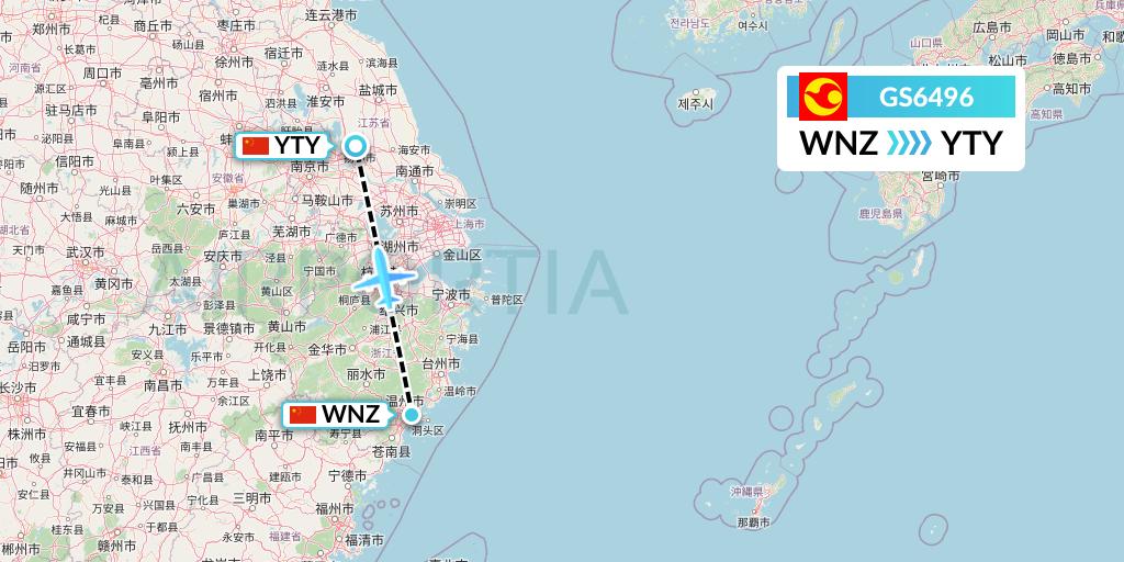 GS6496 Tianjin Airlines Flight Map: Wenzhou to Yangzhou