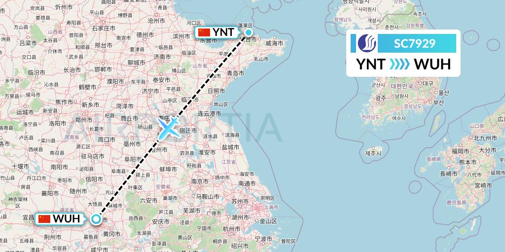 SC7929 Shandong Airlines Flight Map: Yantai to Wuhan