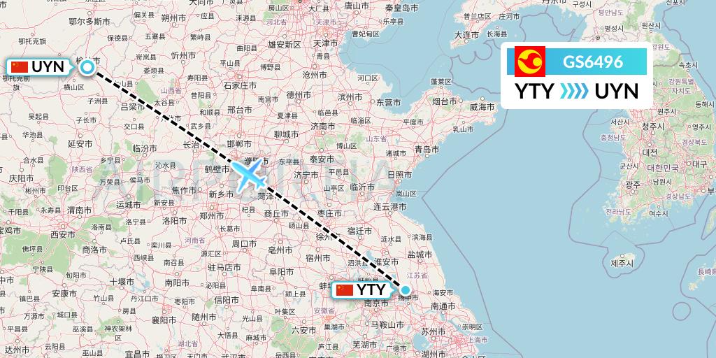 GS6496 Tianjin Airlines Flight Map: Yangzhou to Yulin