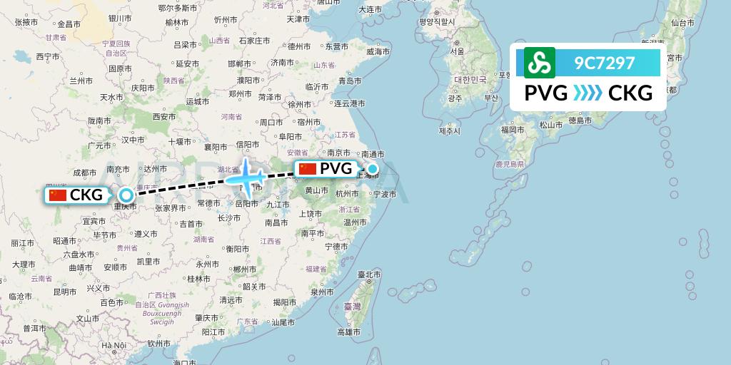 9C7297 Spring Airlines Flight Map: Shanghai to Chongqing