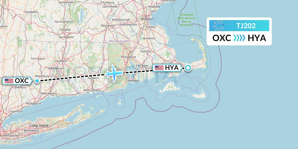 TJ202 Tradewind Aviation Flight Map: Oxford to Hyannis